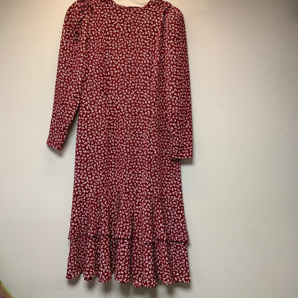 PBJ Vintage Midi Dress Women 11 Red White Geometric Tiered Ruffle Hem Long Slee